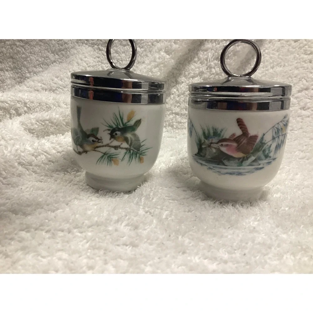 Vintage Ceramic Bird Egg Coddlers Set of 2 Chrome Lids Songbird Nature Design